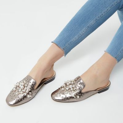 Silver diamante and pearl backless loafers